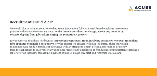 Acube's recruitment fraud alert notice