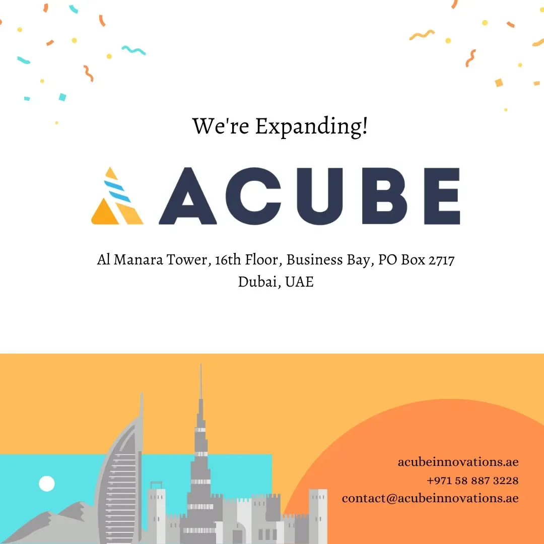 We're Expanding: the Acube Business Bay announcement with the Dubai skyline