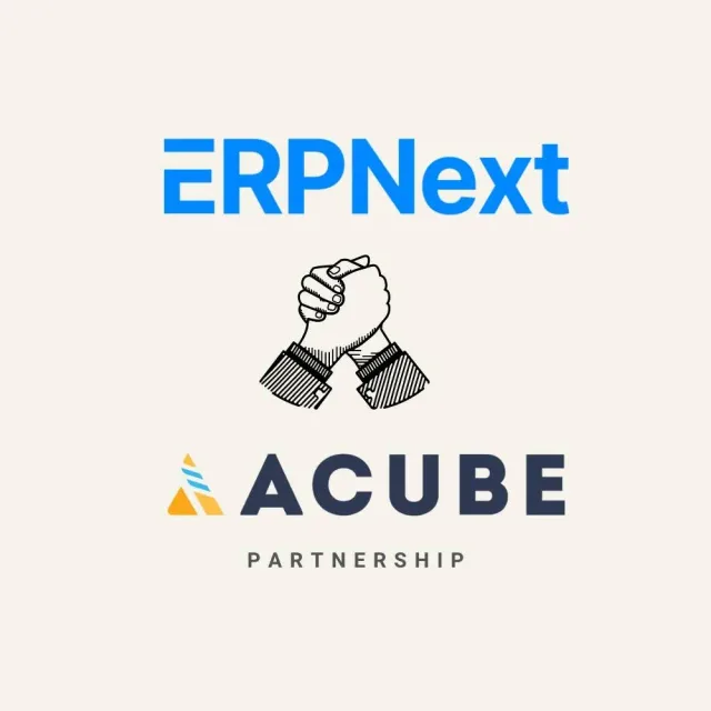 An ERPNext and Acube partnership card with a handshake icon