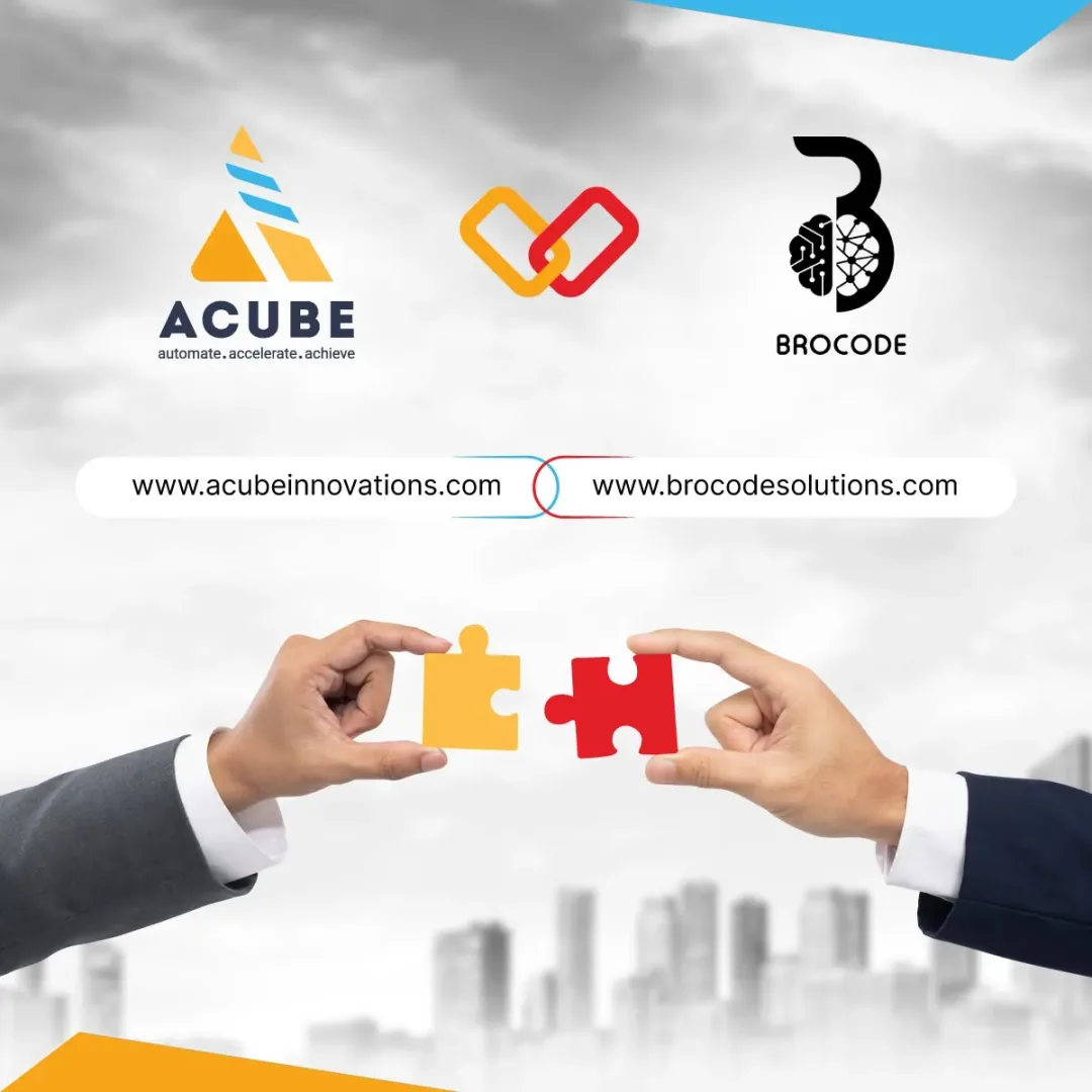 The Acube and Brocode logos above two hands joining puzzle pieces