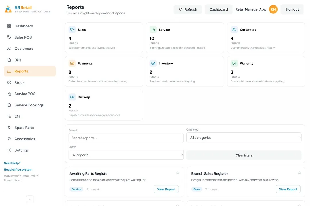 The report library grouped by sales, service, customers, payments, inventory, warranty and delivery