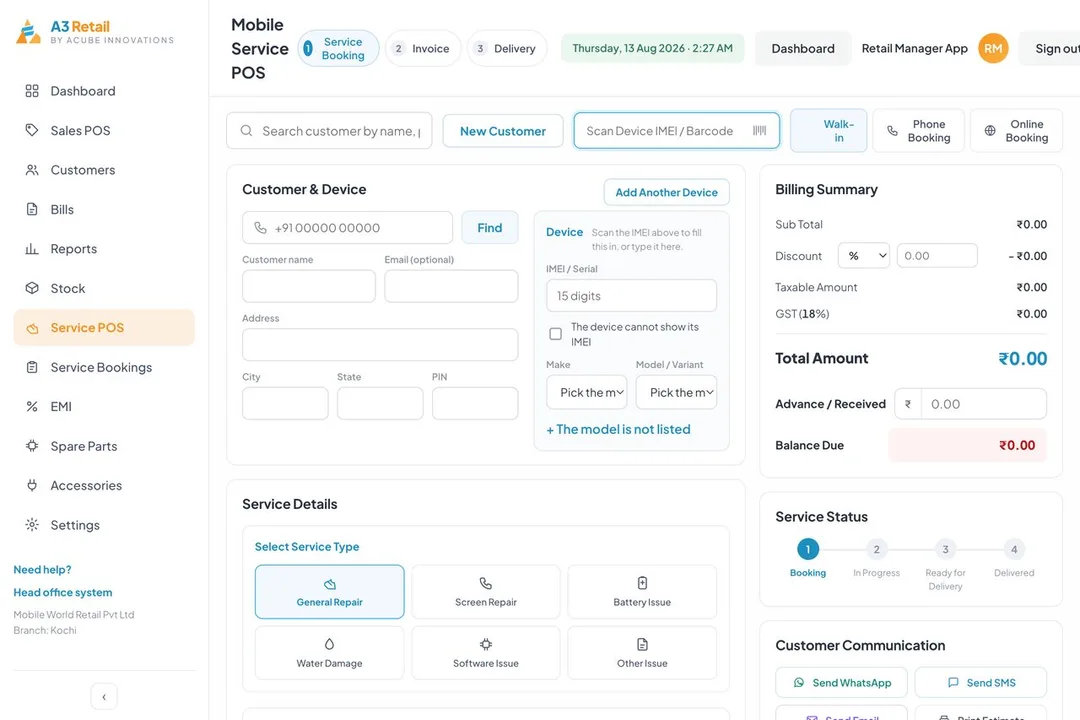 The Service POS: customer and device capture with an IMEI scan, service type, billing summary and the booking-to-delivery status trail