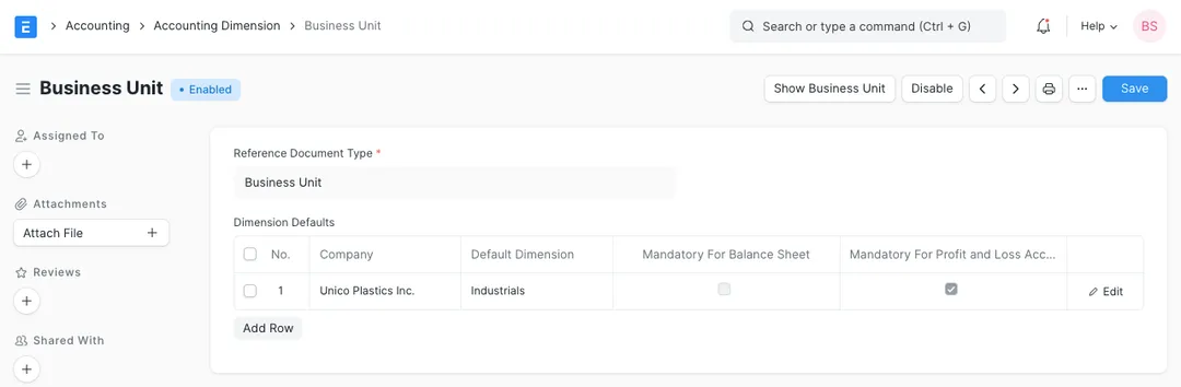 ERPNext Accounting Dimension setup form for a 'Business Unit' dimension with per-company defaults and mandatory flags