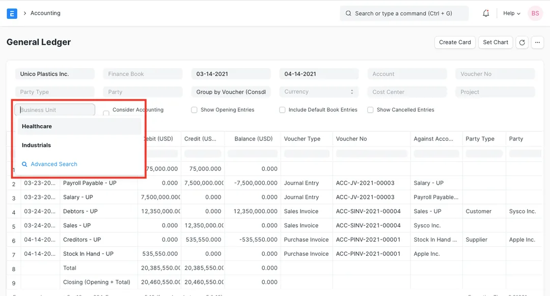 ERPNext General Ledger report with filters for Cost Center, Project and a custom Business Unit dimension