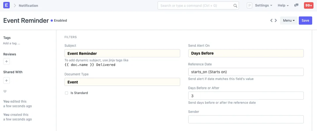 ERPNext Notification setup screen configuring an Event Reminder to send a set number of days before a reference date on the document