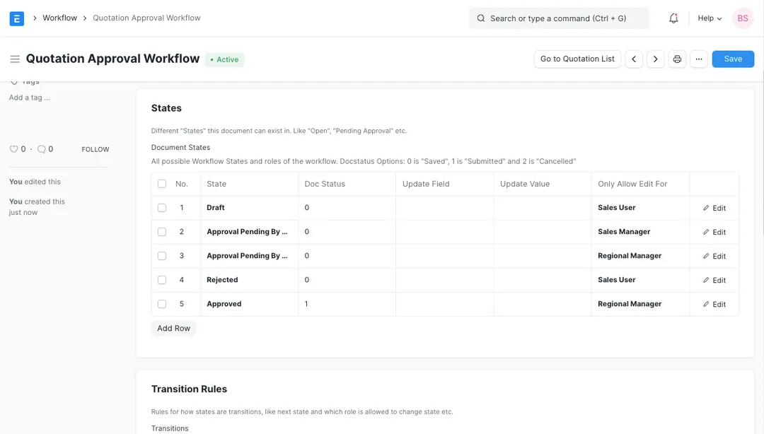 ERPNext Workflow editor showing a Quotation Approval Workflow with states Draft, Approval Pending, Rejected and Approved, each mapped to a document status and an allowed-to-edit role
