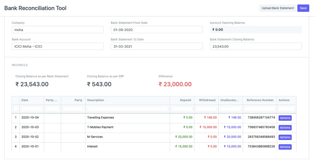 ERPNext Bank Reconciliation Tool showing imported bank transactions and the difference between bank and book closing balances
