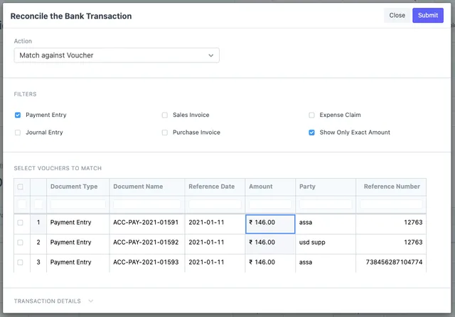 ERPNext 'Match against Voucher' dialog listing candidate Payment Entries ranked for a single bank transaction