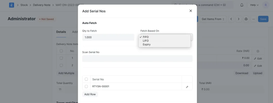 ERPNext serial/batch selector on a Delivery Note with the Fetch Based On option set to Expiry for FEFO picking