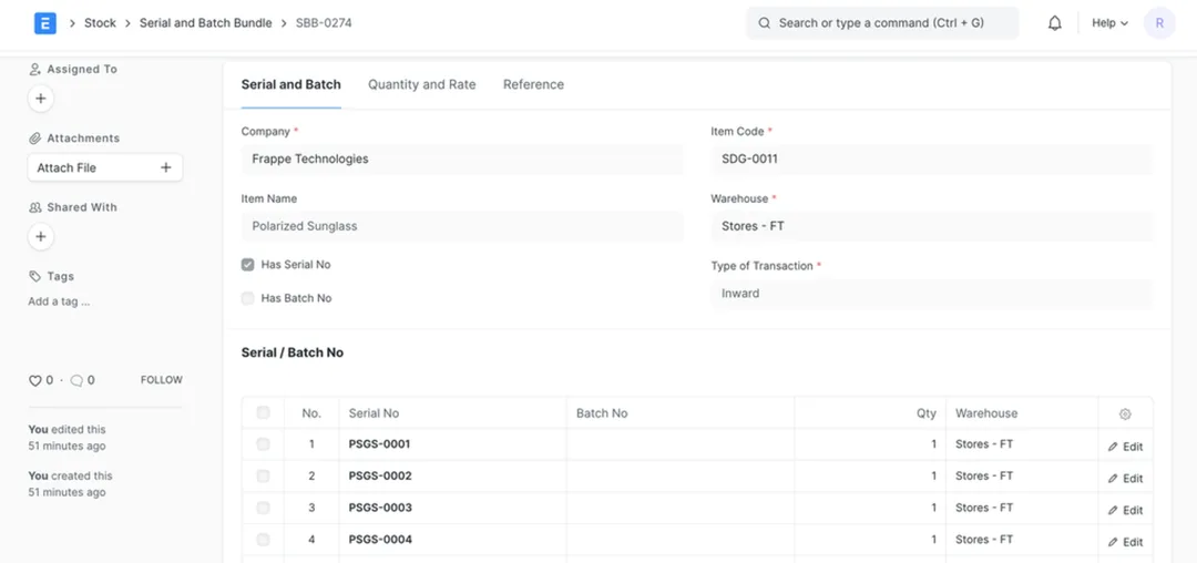 An ERPNext Serial and Batch Bundle document listing the individual serial numbers moved on an inward transaction