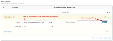 ERPNext budget accounts table showing an expense account, budget allocated amount and fiscal year