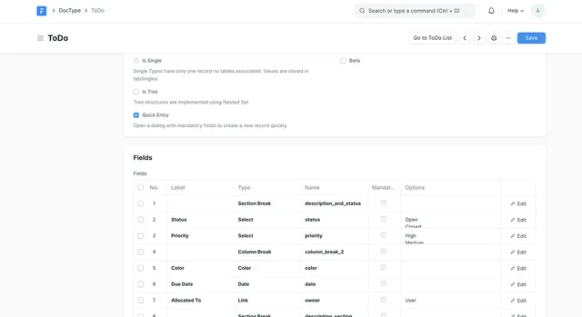 The Frappe DocType editor showing fields defined by label, type, name and options