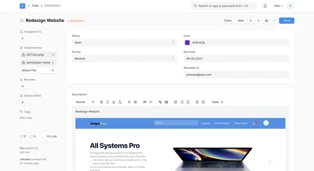 A form view in Frappe generated automatically from a DocType definition