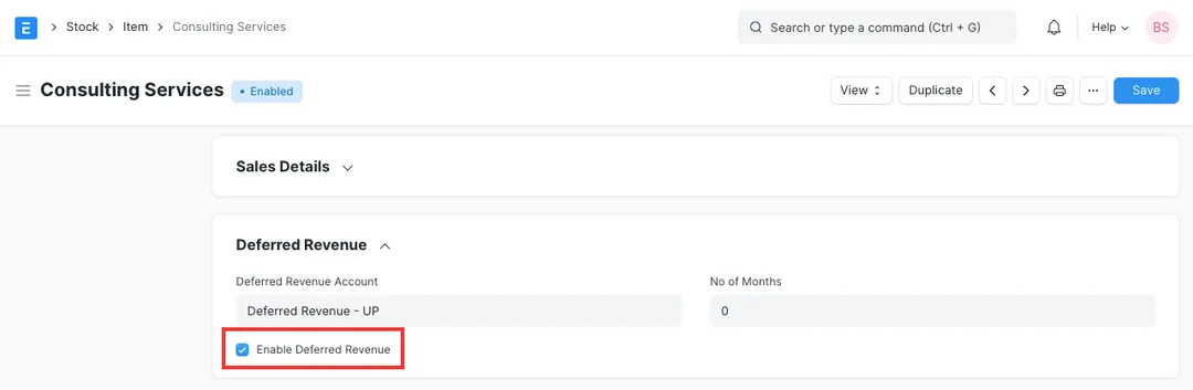 ERPNext Item master with the Deferred Revenue section expanded, showing Enable Deferred Revenue ticked, a Deferred Revenue Account and a No of Months field