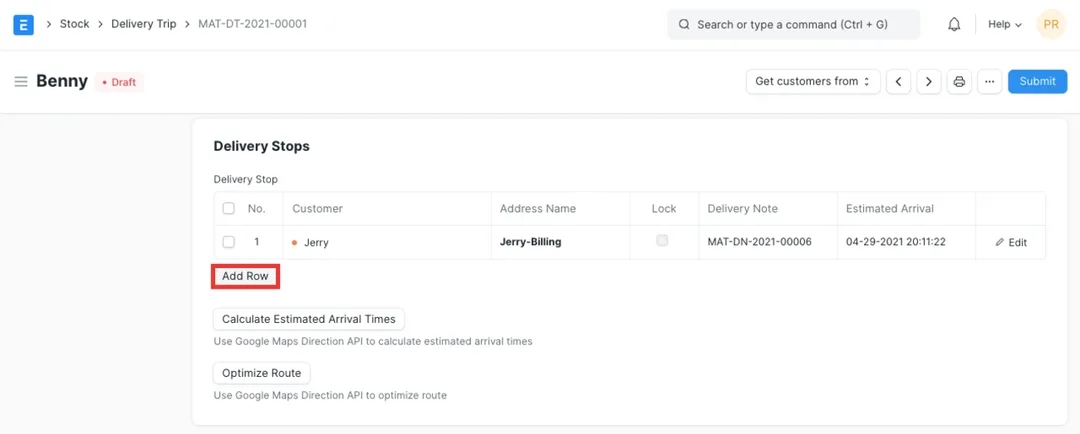 ERPNext Delivery Stops table with linked Delivery Notes, estimated arrival, and the Optimize Route and Calculate Estimated Arrival Times buttons