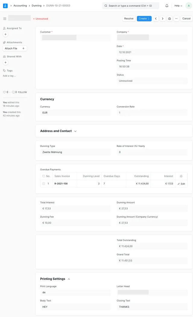 An ERPNext Dunning document showing the customer, dunning type, overdue payments table with dunning level, overdue days and interest, and the calculated totals