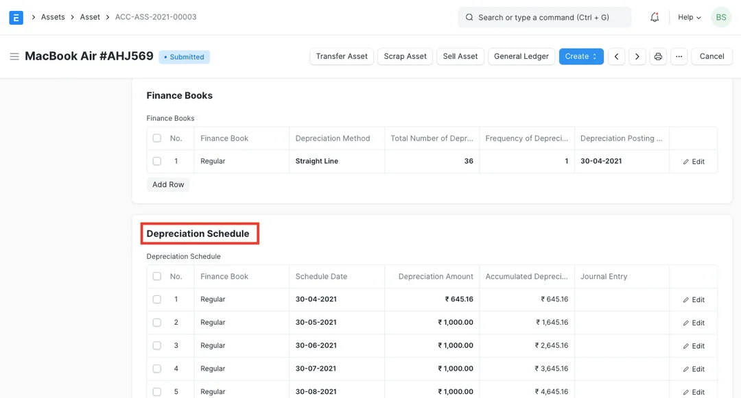 ERPNext fixed asset showing the Finance Books table with a depreciation method and life, and the Depreciation Schedule generated below it