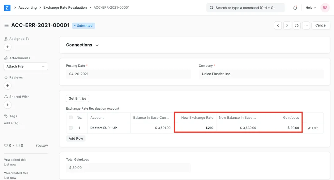 ERPNext Exchange Rate Revaluation document showing a foreign-currency debtors account with new exchange rate, new base-currency balance and gain/loss
