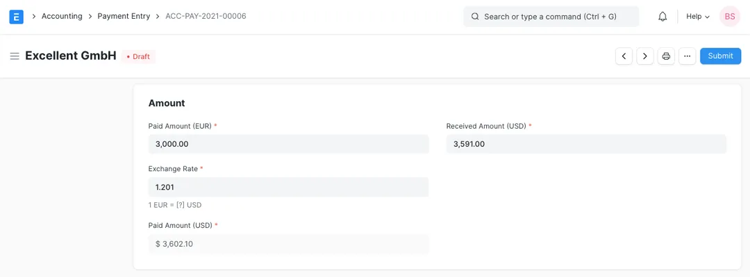 ERPNext Payment Entry showing paid amount in EUR, received amount in USD and the exchange rate applied