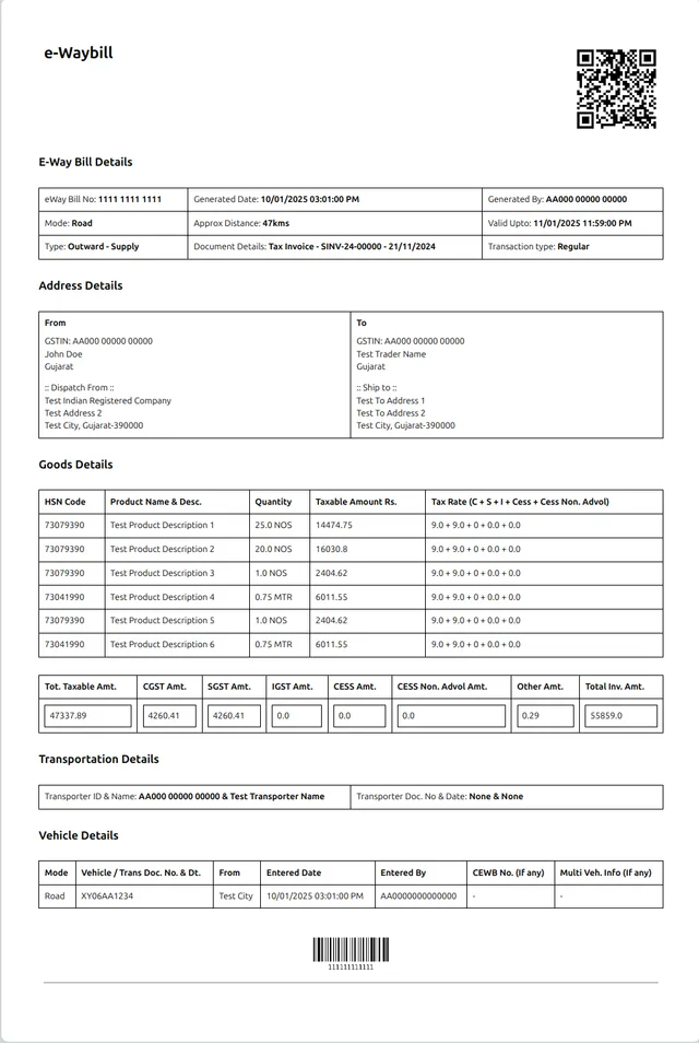 An e-Way Bill generated from an ERPNext Sales Invoice by the India Compliance app, showing the e-Way Bill number, QR code, goods, transporter and vehicle details