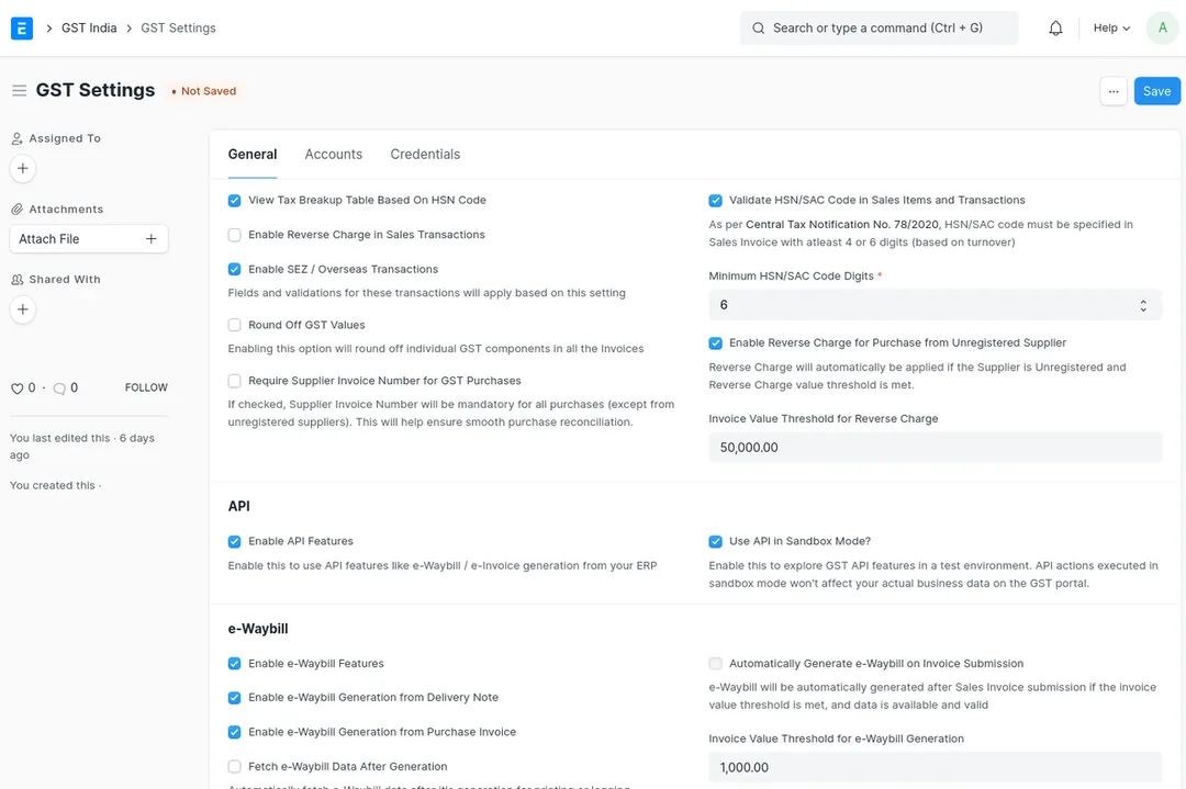 The GST Settings screen added to ERPNext by the India Compliance app, showing HSN validation, reverse charge, and e-Way Bill / e-Invoice API options