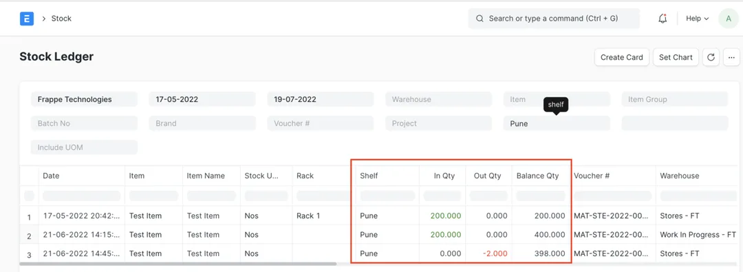 ERPNext Stock Ledger report showing in, out and balance quantities per Shelf dimension value alongside the warehouse