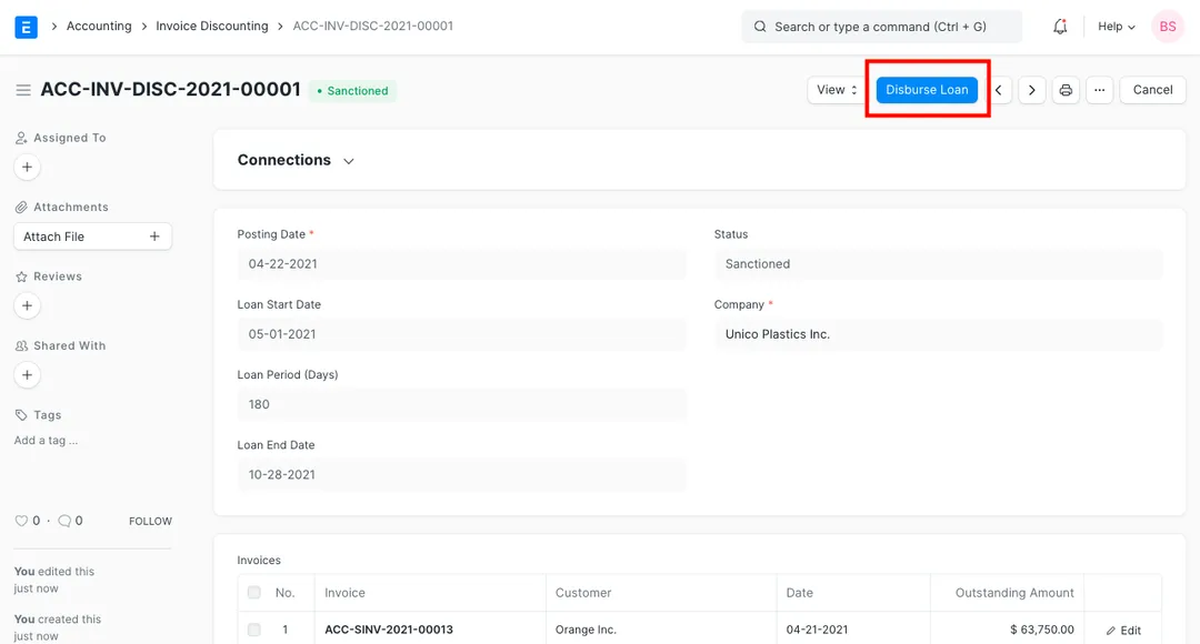 ERPNext Invoice Discounting document showing posting date, loan period, loan end date and the discounted invoices, with a Disburse Loan button