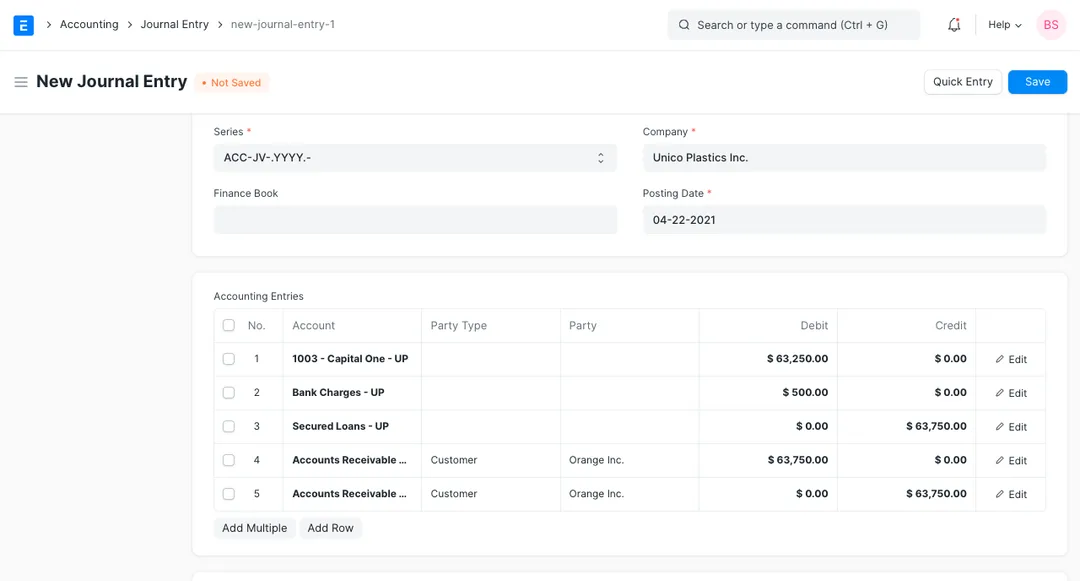 ERPNext disbursement Journal Entry with the bank account and bank charges debited, the secured loan credited, and the customer's receivable moved between accounts