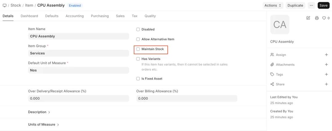 ERPNext Item master showing the Maintain Stock setting for a subcontracted item