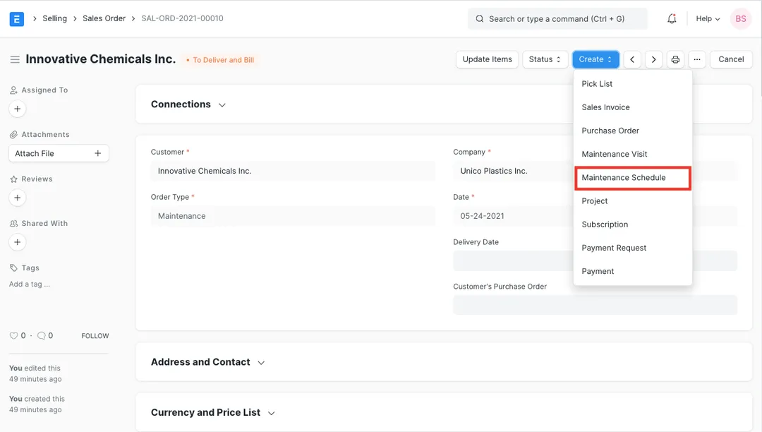 ERPNext Sales Order of type Maintenance with the option to create a Maintenance Schedule
