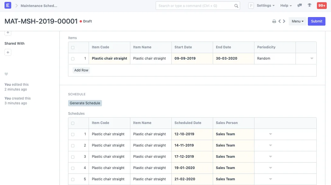 ERPNext Maintenance Schedule showing an item with a periodicity and the generated dated visit rows