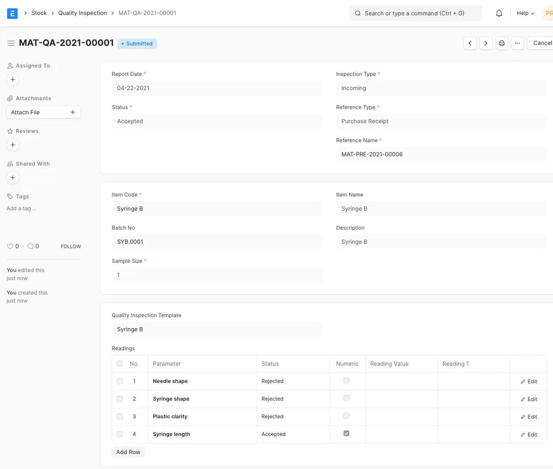 ERPNext Quality Inspection form with Inspection Type Incoming, a Purchase Receipt reference, batch, sample size and a readings table showing Accepted and Rejected parameters