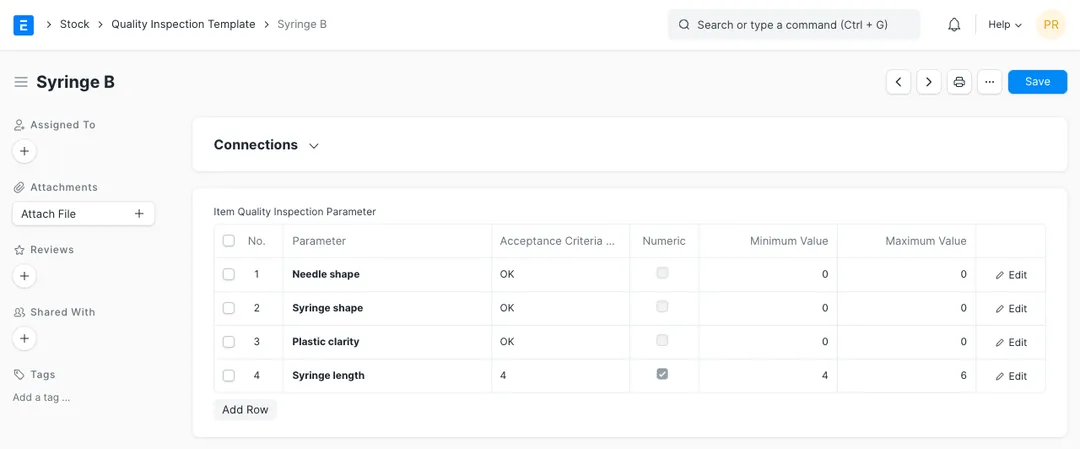 ERPNext Quality Inspection Template listing parameters with acceptance criteria, a numeric flag and minimum and maximum values