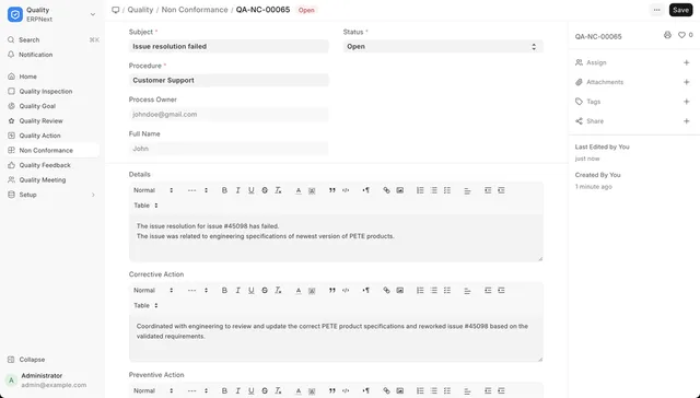 ERPNext Non Conformance record with details, corrective action and preventive action fields