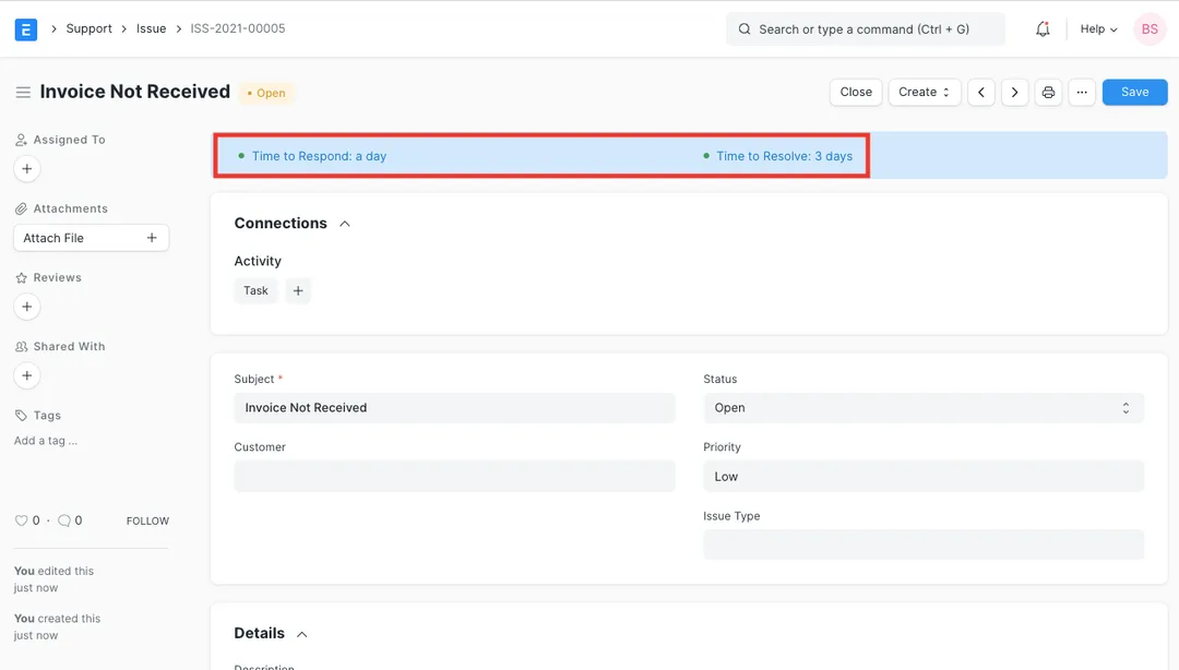 An ERPNext Issue showing the Time to Respond and Time to Resolve SLA indicators at the top of the ticket