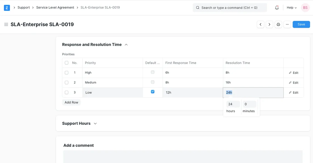 ERPNext Service Level Agreement showing the Priorities table with First Response Time and Resolution Time per priority