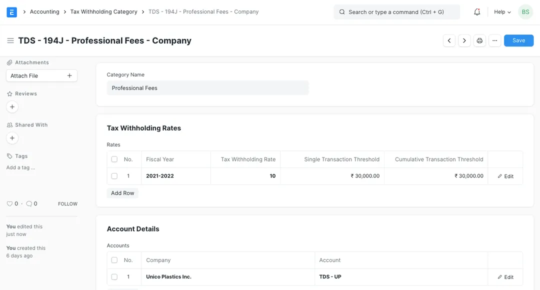 ERPNext Tax Withholding Category form showing a fiscal-year rate row with single and cumulative transaction thresholds and a per-company withholding account