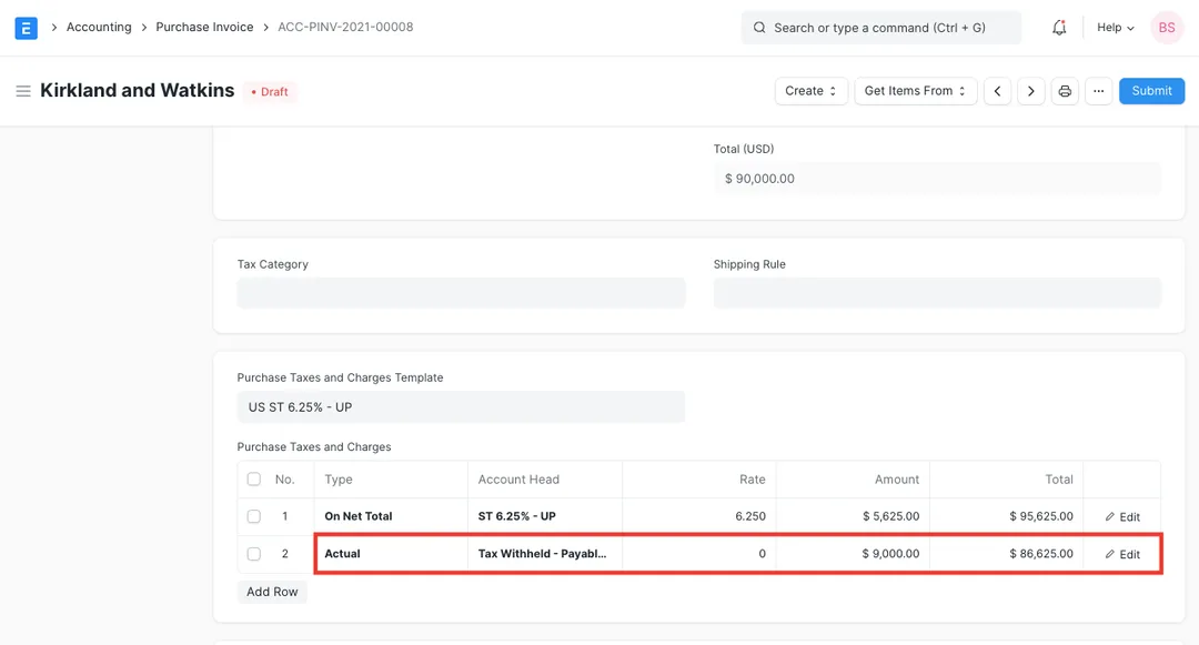 ERPNext Purchase Invoice with the withheld tax amount added automatically into the taxes and charges table, reducing the payable total
