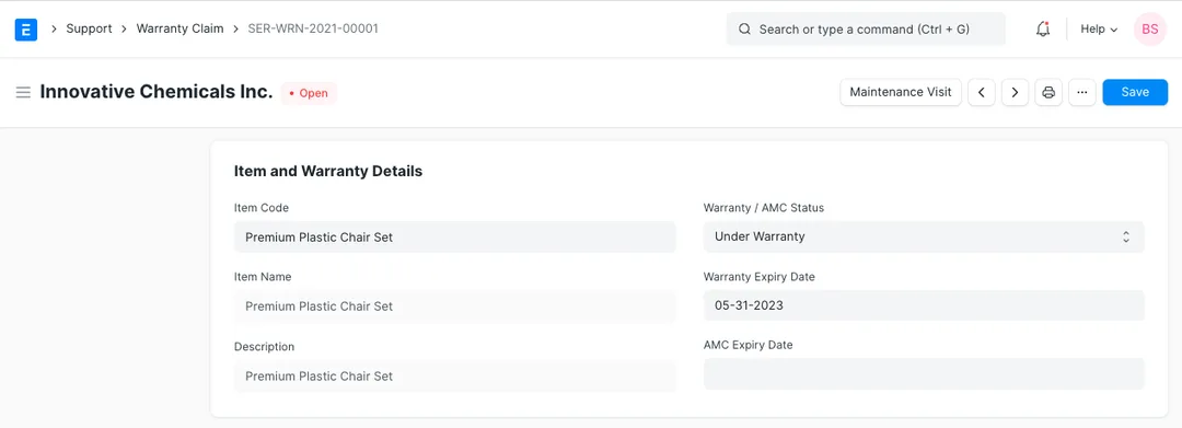 ERPNext Warranty Claim item and warranty details panel showing Warranty / AMC Status 'Under Warranty' and the warranty expiry date